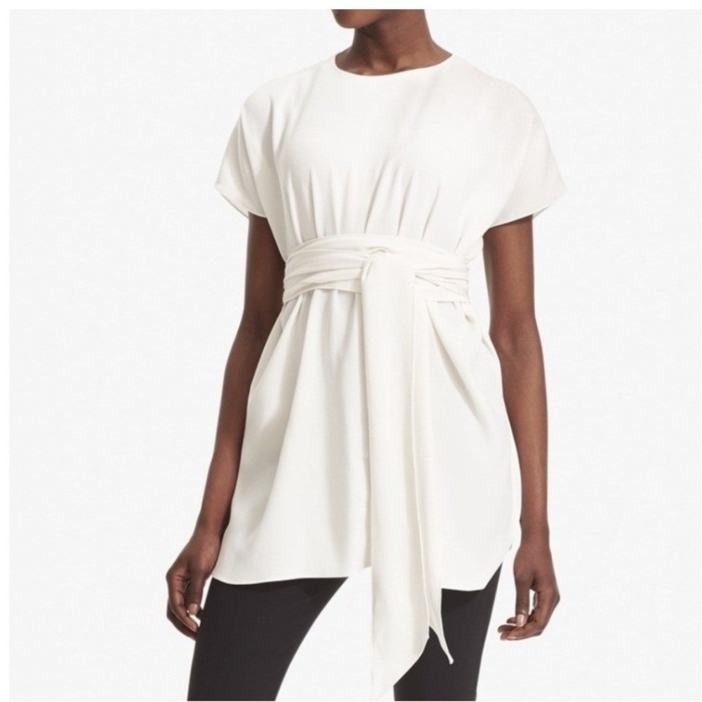 MM LaFleur Attached Belt Tie Tunic Top Size XL Ivory White Crepe The Selena